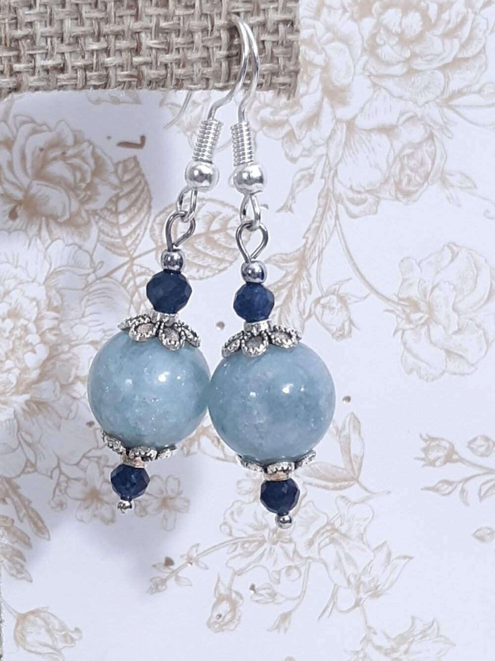 Green Jade Sapphire Floral Boho Statement Dangle Earrings Gemstone Chunky
